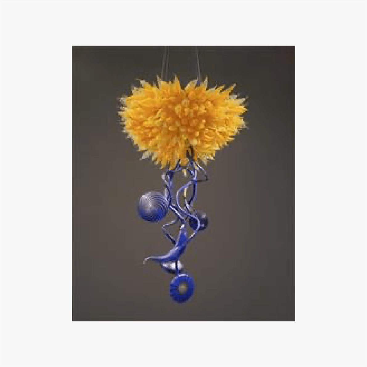 Yellow Hornet Chandelier with Cobalt Blue Ikebana